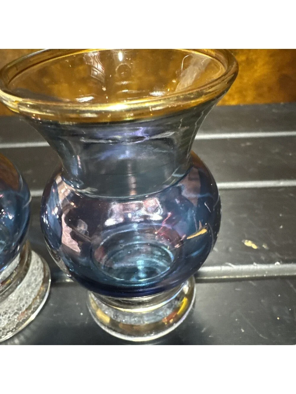 Bartlett-Collins Vintage 1950s Clear W/ Blue  Flashing, Gold Band Blown Vase